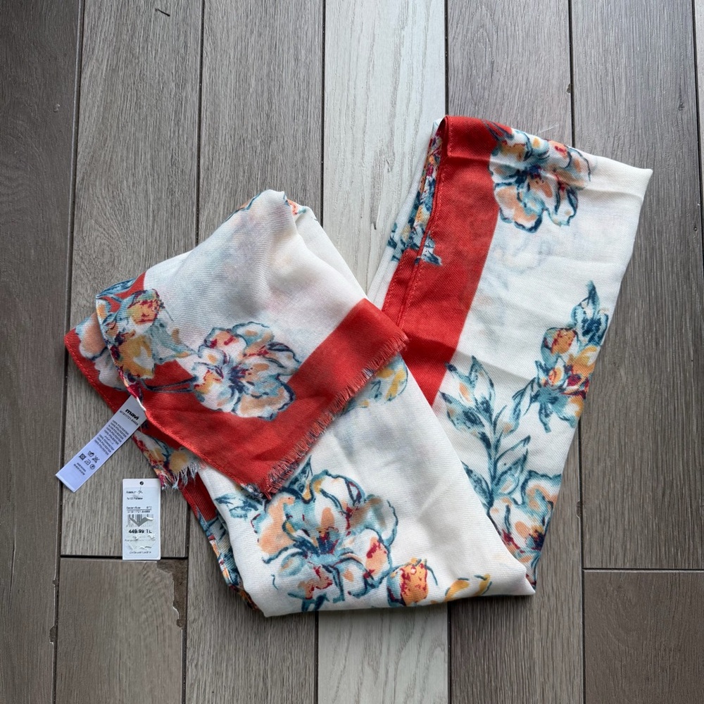 Mavi Floral Scarf with Red and Blue Accents
